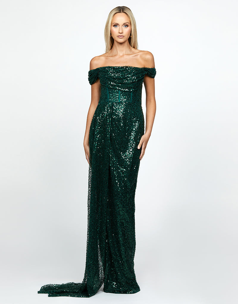 Bariano embellished maxi dress with high neck in fashion emerald green